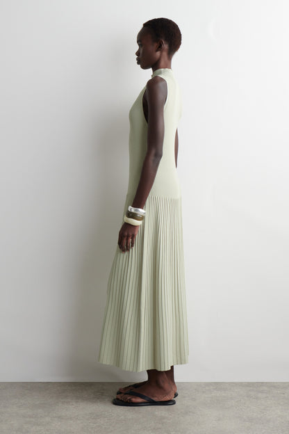 Pleated High-Neck Maxi Dress