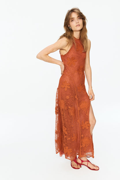Women's Orange/Sunflowers Ruffled crochet-look dress | H&M GB