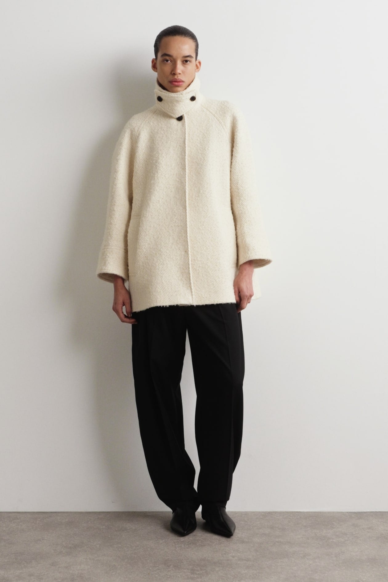 Funnel-neck wool-herringbone short coat