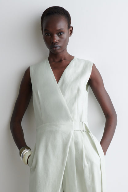 Wrap-Front Linen Jumpsuit
