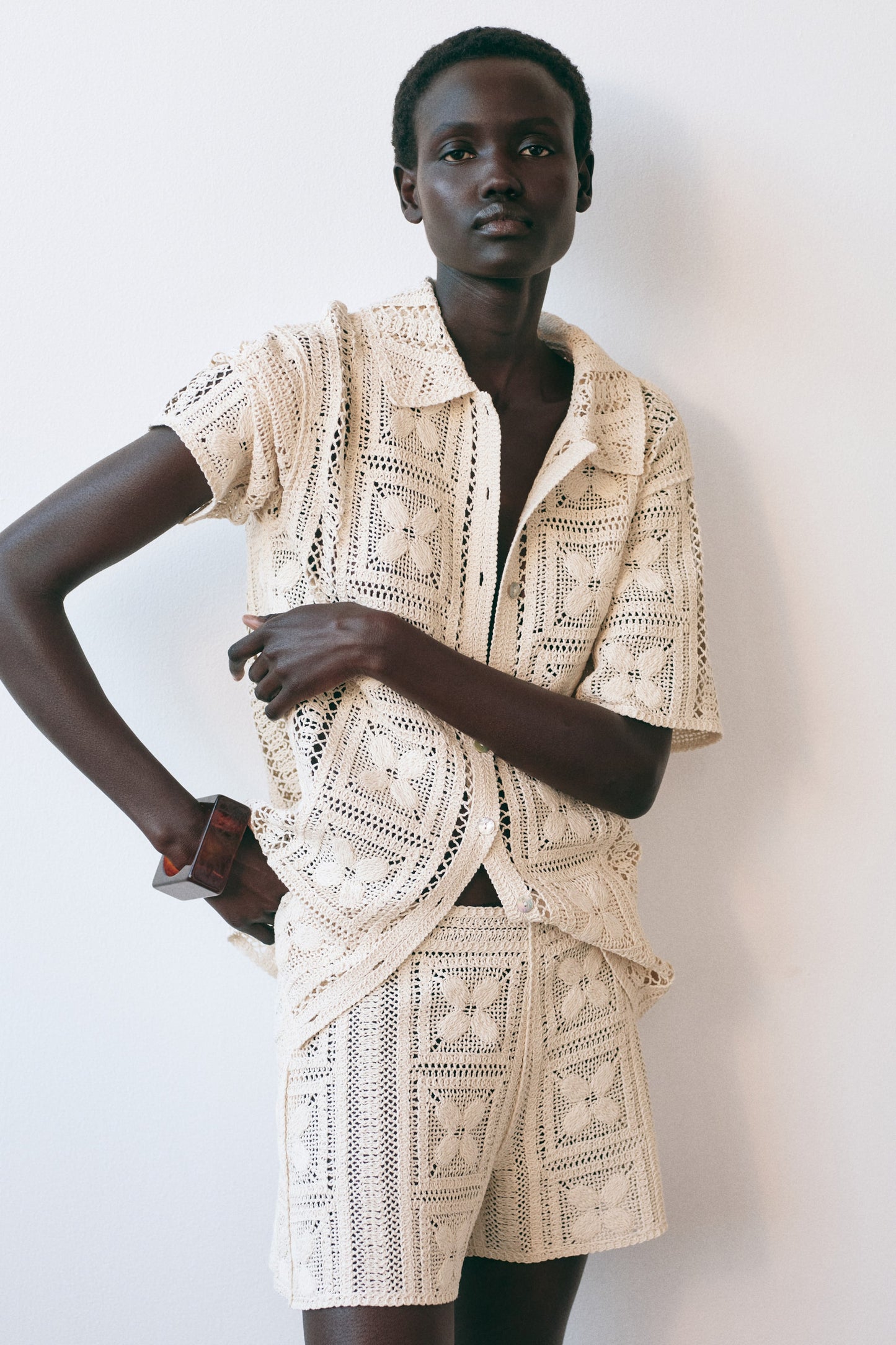 Crochet-look silk-blend shorts