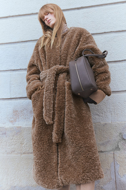 Fluffy tie-belt coat