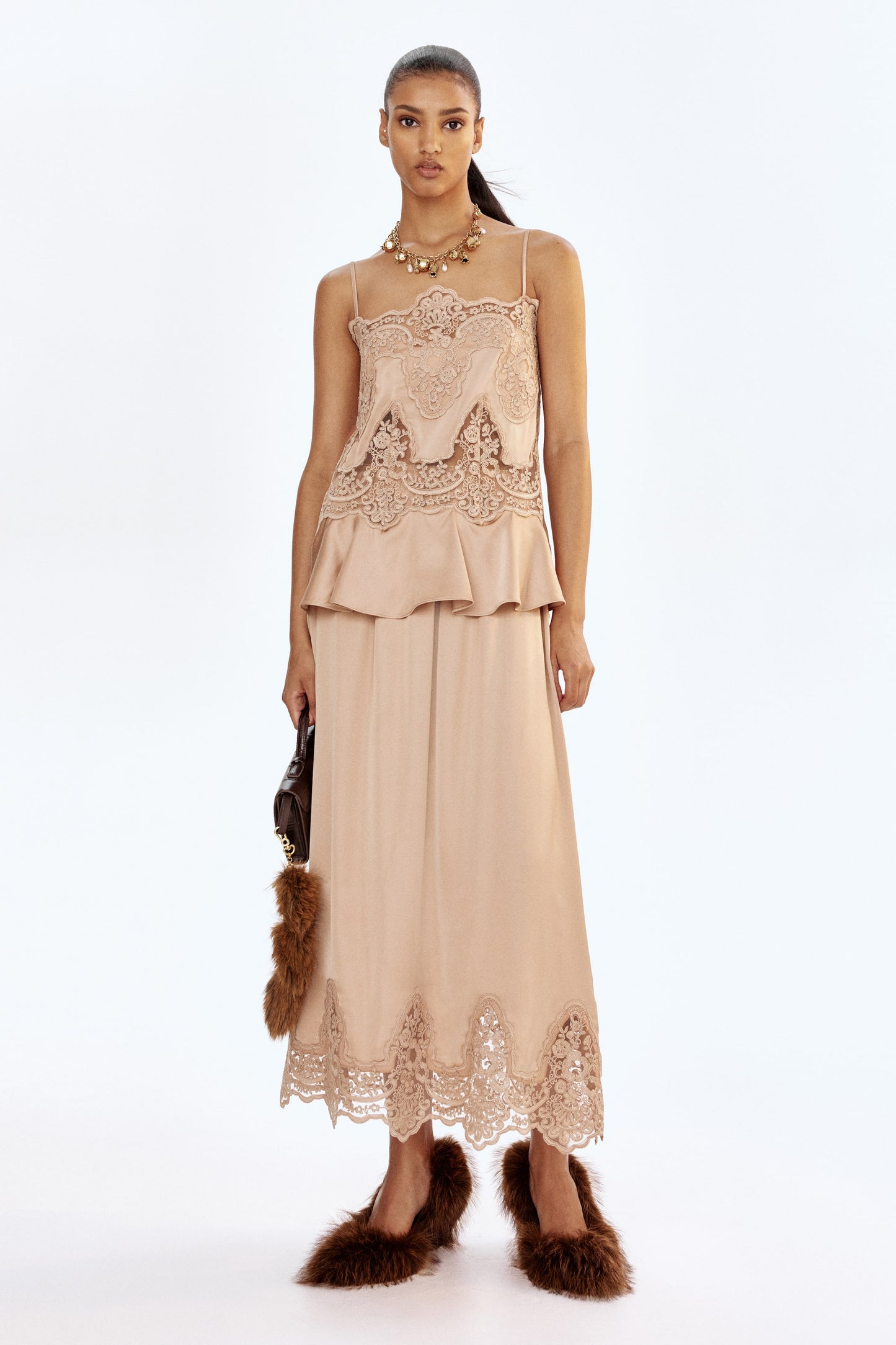 Lace-inset satin strappy top