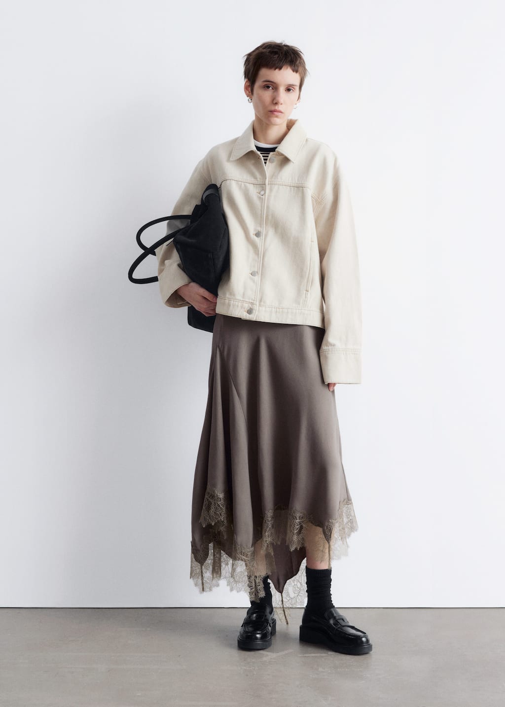 Asymmetrical Lace-Trimmed Midi Skirt