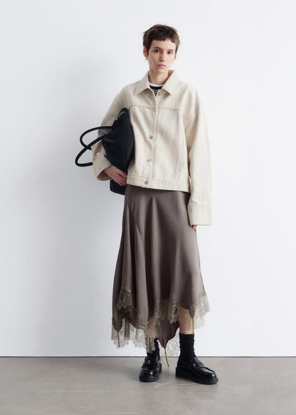 Asymmetrical Lace-Trimmed Midi Skirt