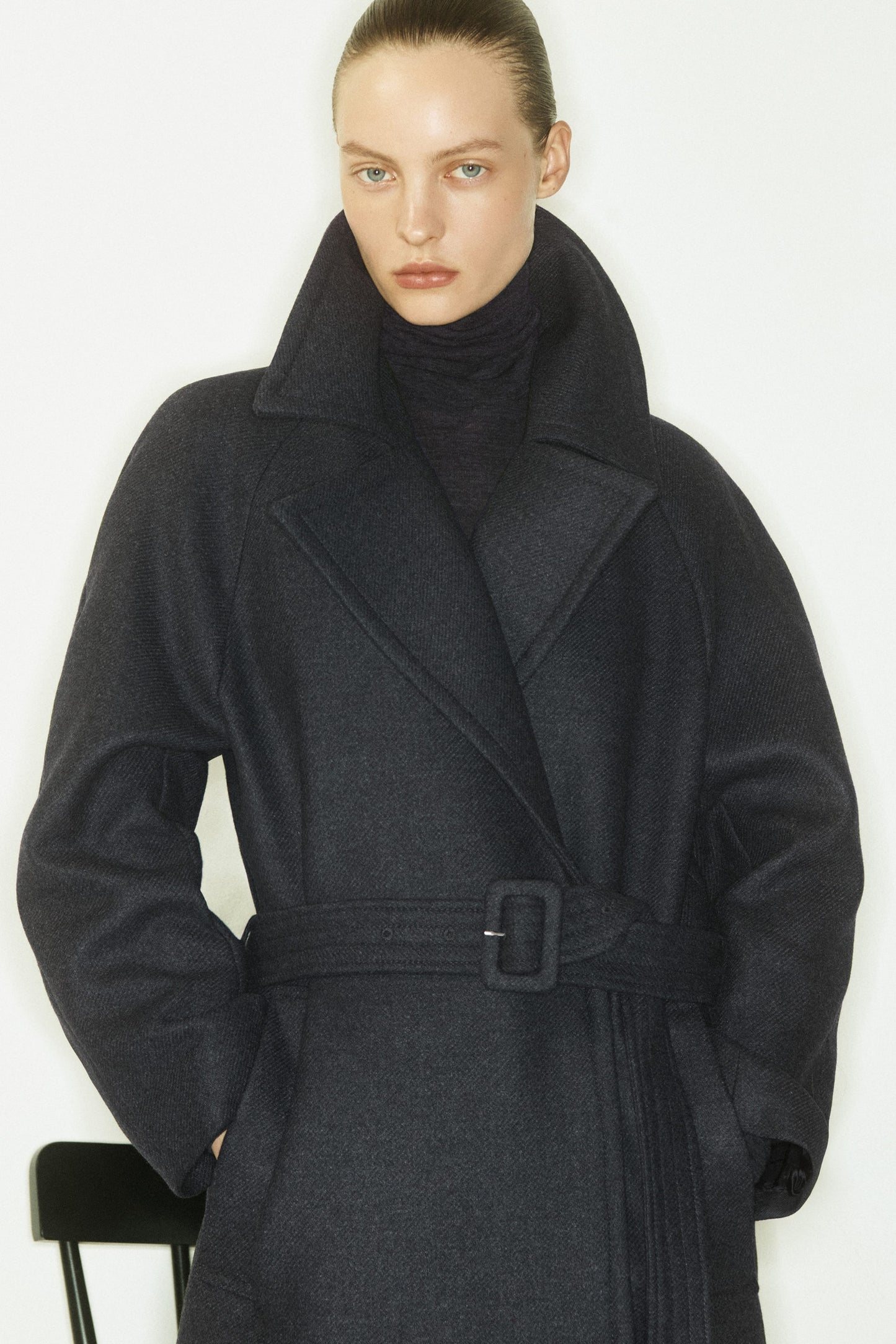 Tailored belted wool-twill coat
