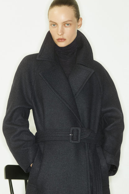 Tailored belted wool-twill coat