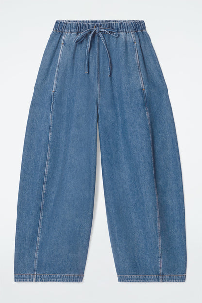 Barrel-Leg Denim Drawstring Trousers