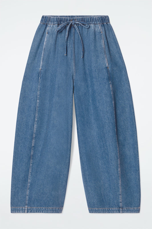 Barrel-Leg Denim Drawstring Trousers