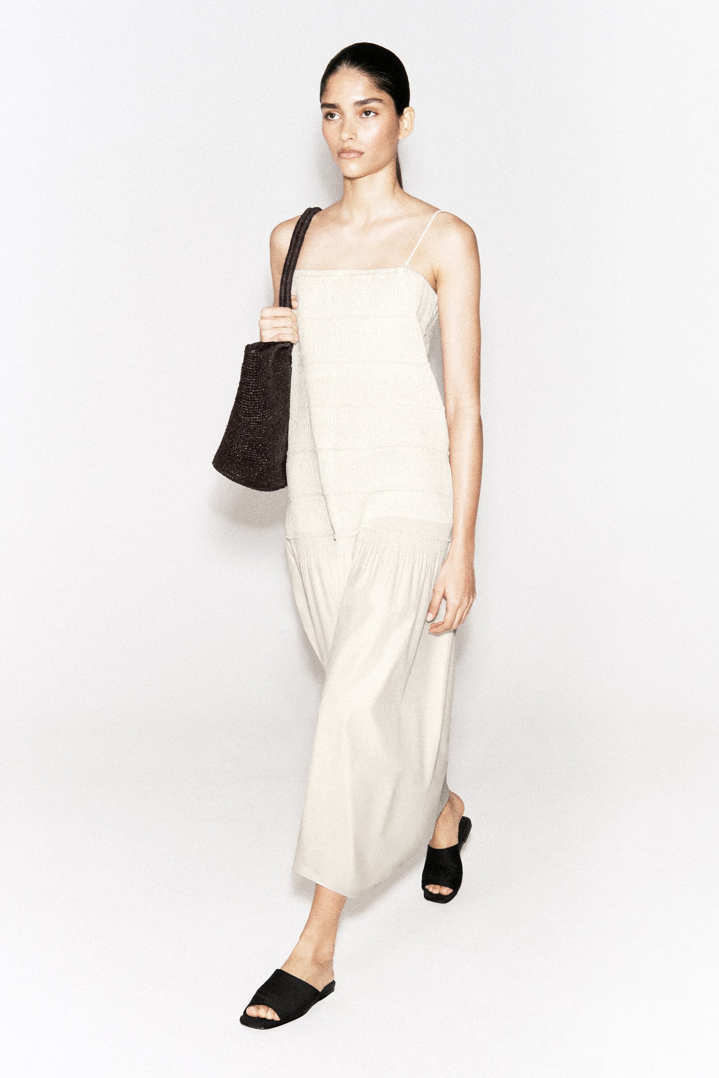 Ruched dropped-waist poplin midi dress