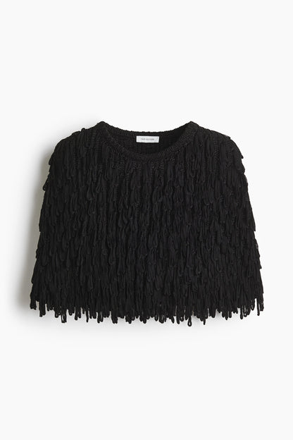 Fringed rib-knit cape