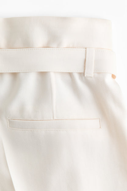 Cream Belted viscose-blend shorts