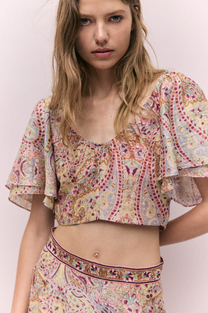Cropped linen-blend top
