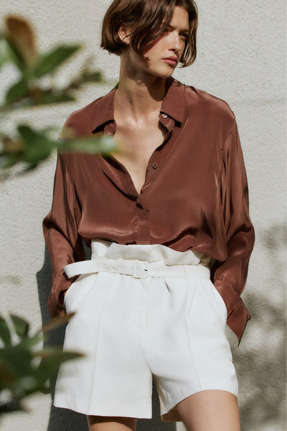Cream Belted viscose-blend shorts