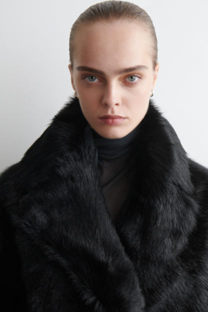 Collared pony hair-effect leather jacket