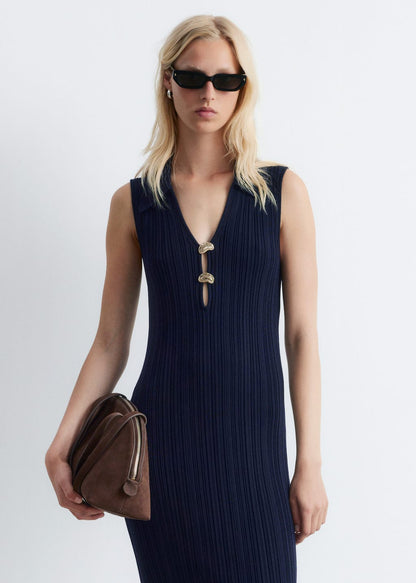 Rib-Knit Collared Midi Dress