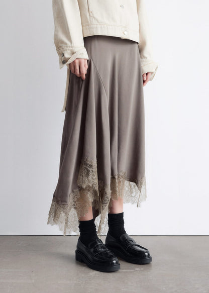 Asymmetrical Lace-Trimmed Midi Skirt