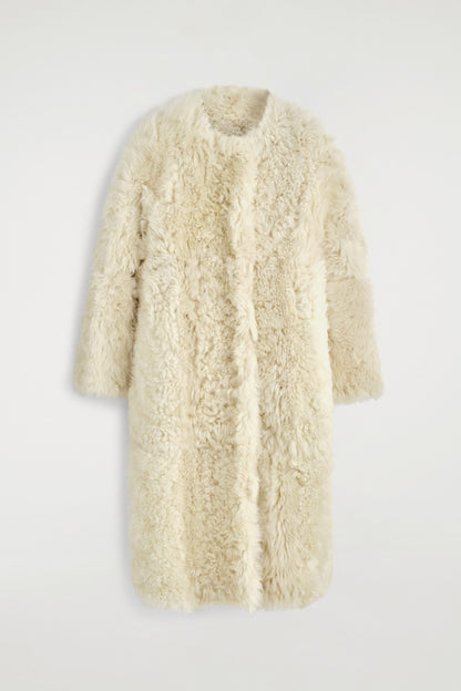 Collarless Shearling Coat