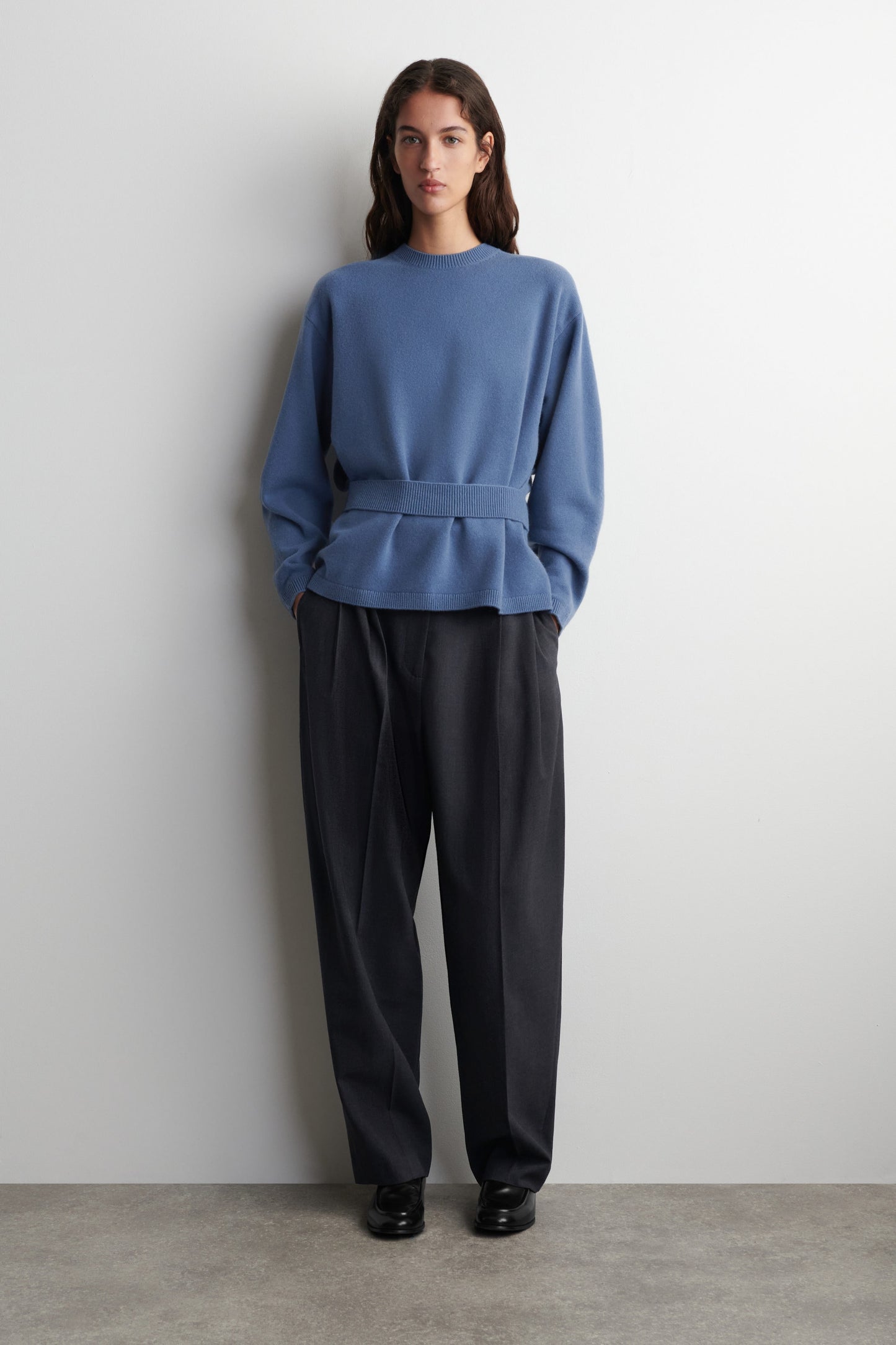 Belt-detail merino wool jumper