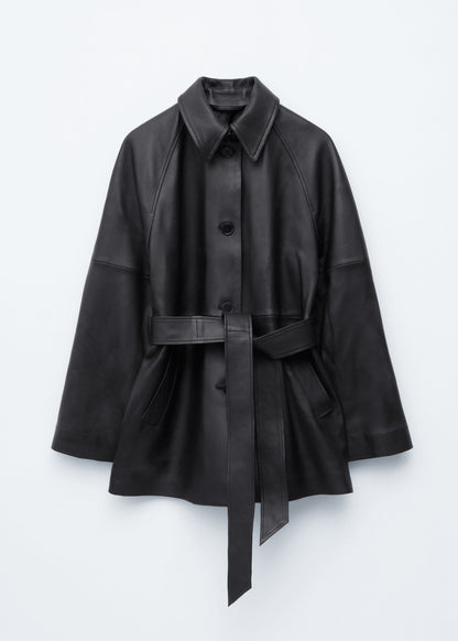 Tie-Belt Leather Coat