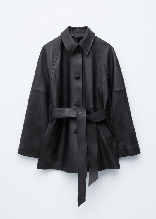 Tie-Belt Leather Coat