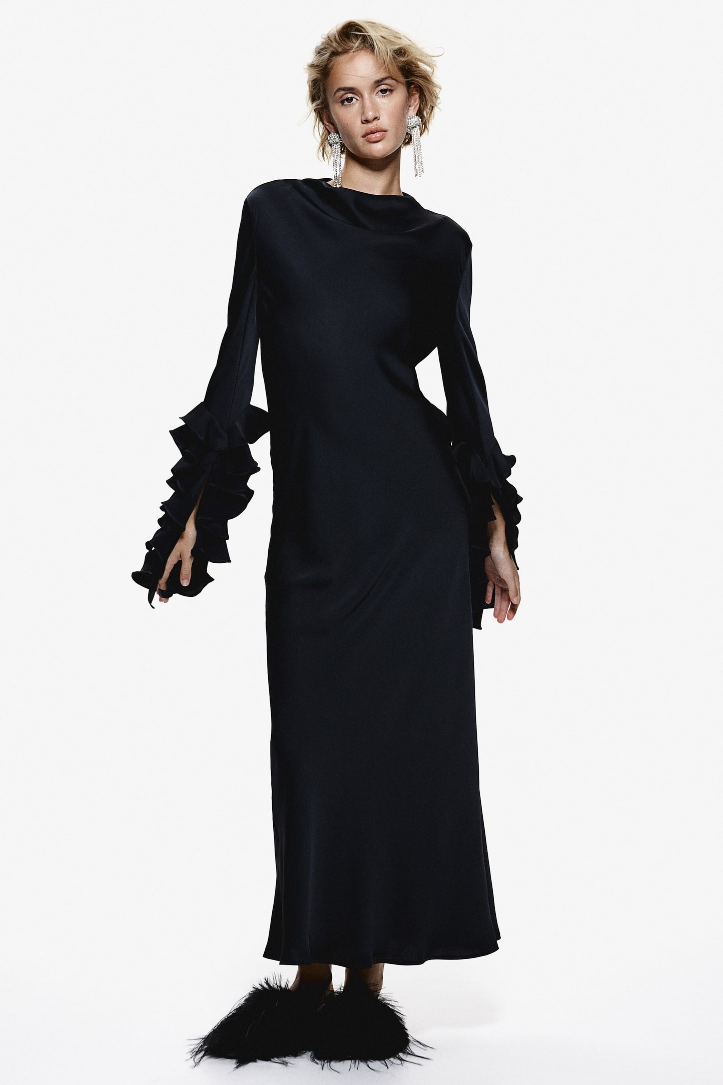 Ruffle-sleeve satin dress