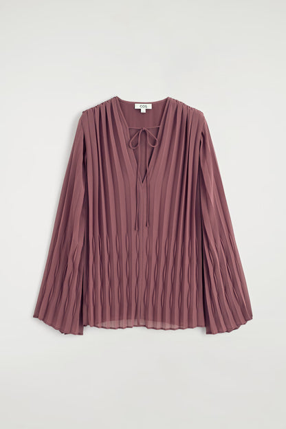 Tie-front pleated georgette blouse