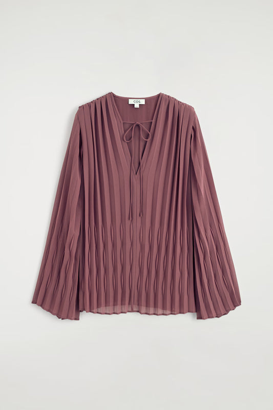 Tie-front pleated georgette blouse