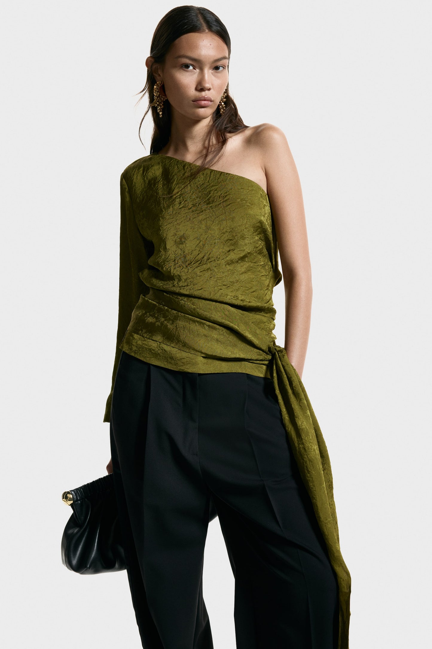 Jacquard-weave one-shoulder blouse