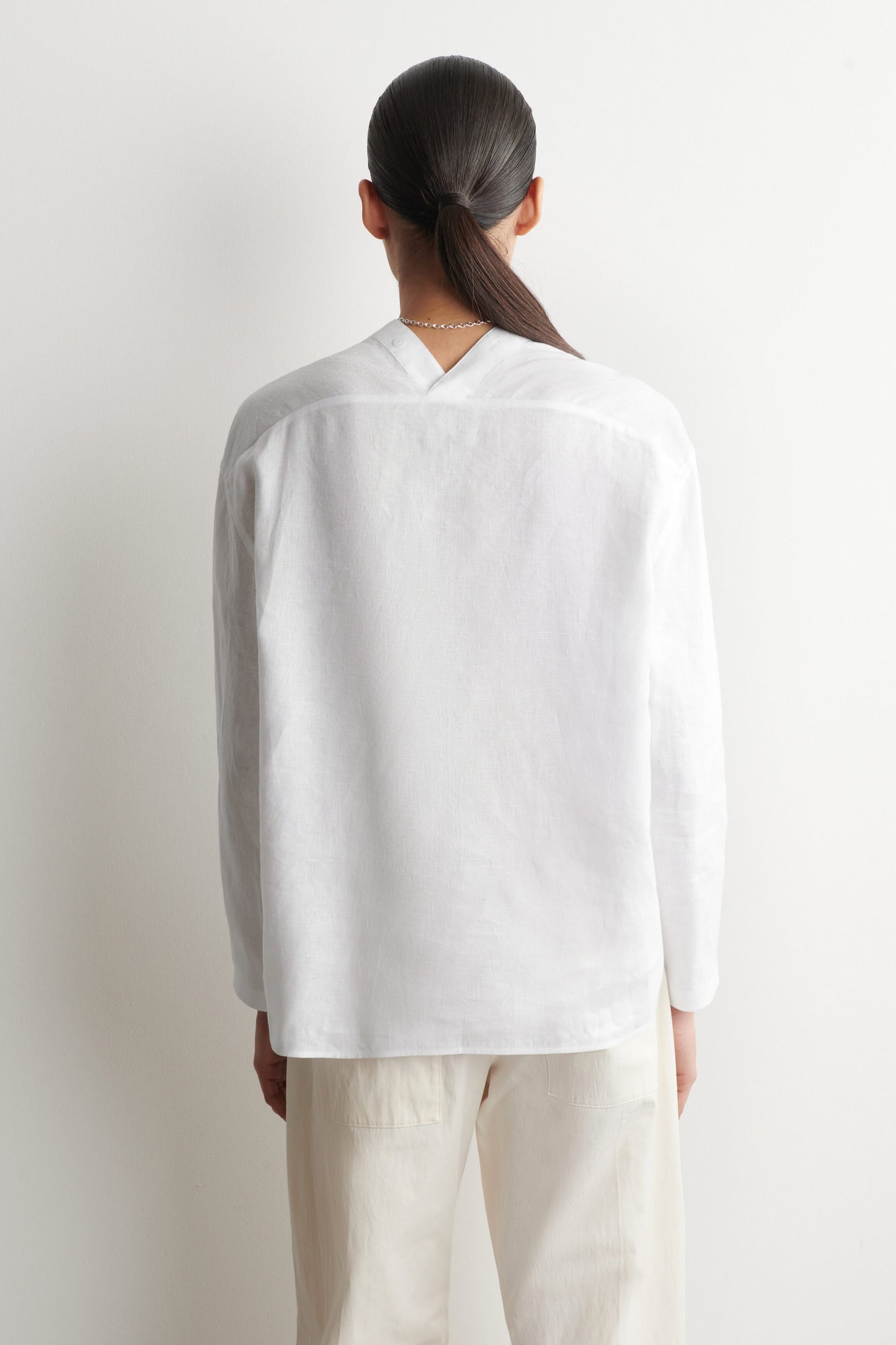 Button-Detail Linen V-Neck Shirt
