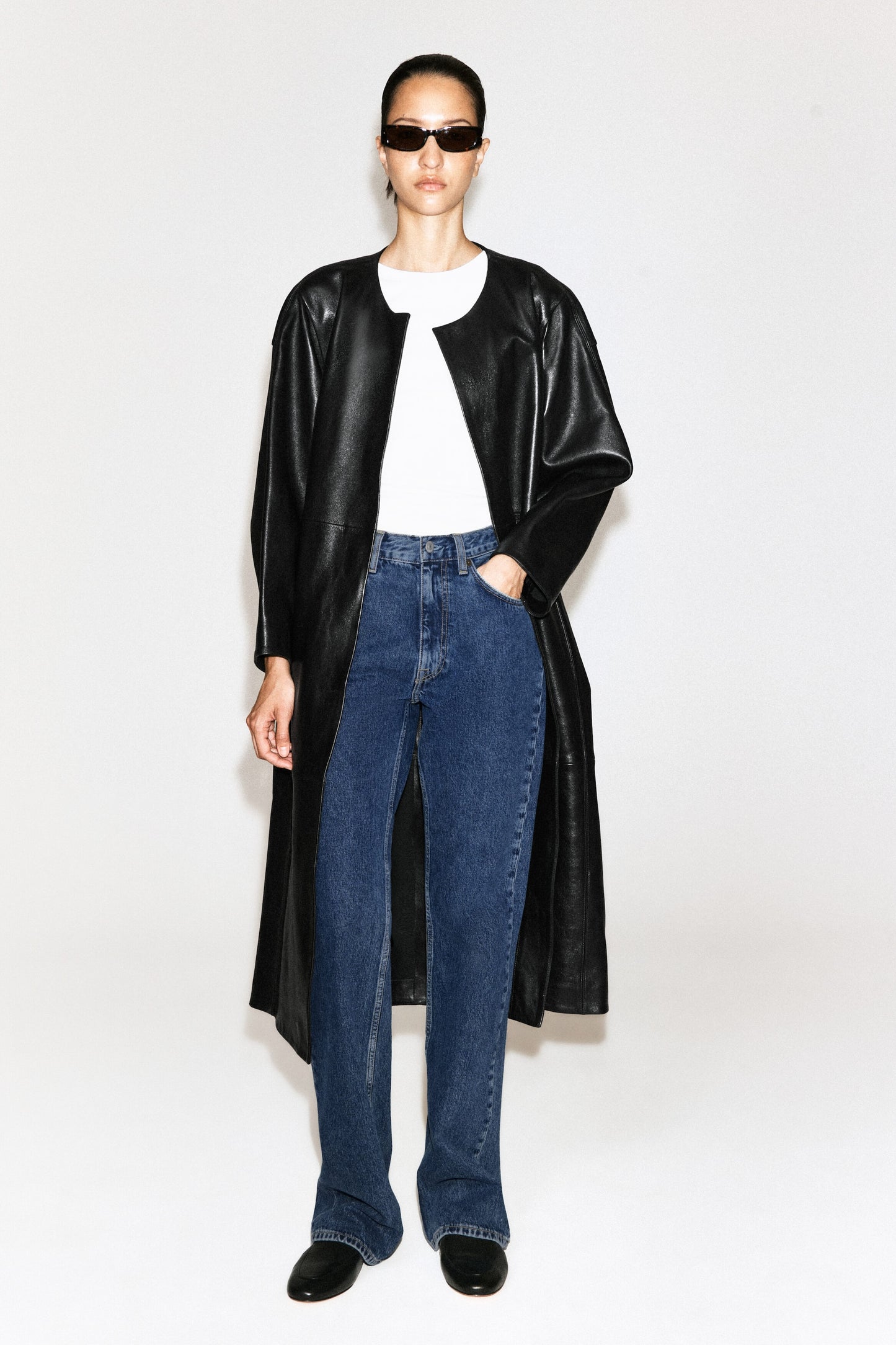 Panelled Leather Long Coat