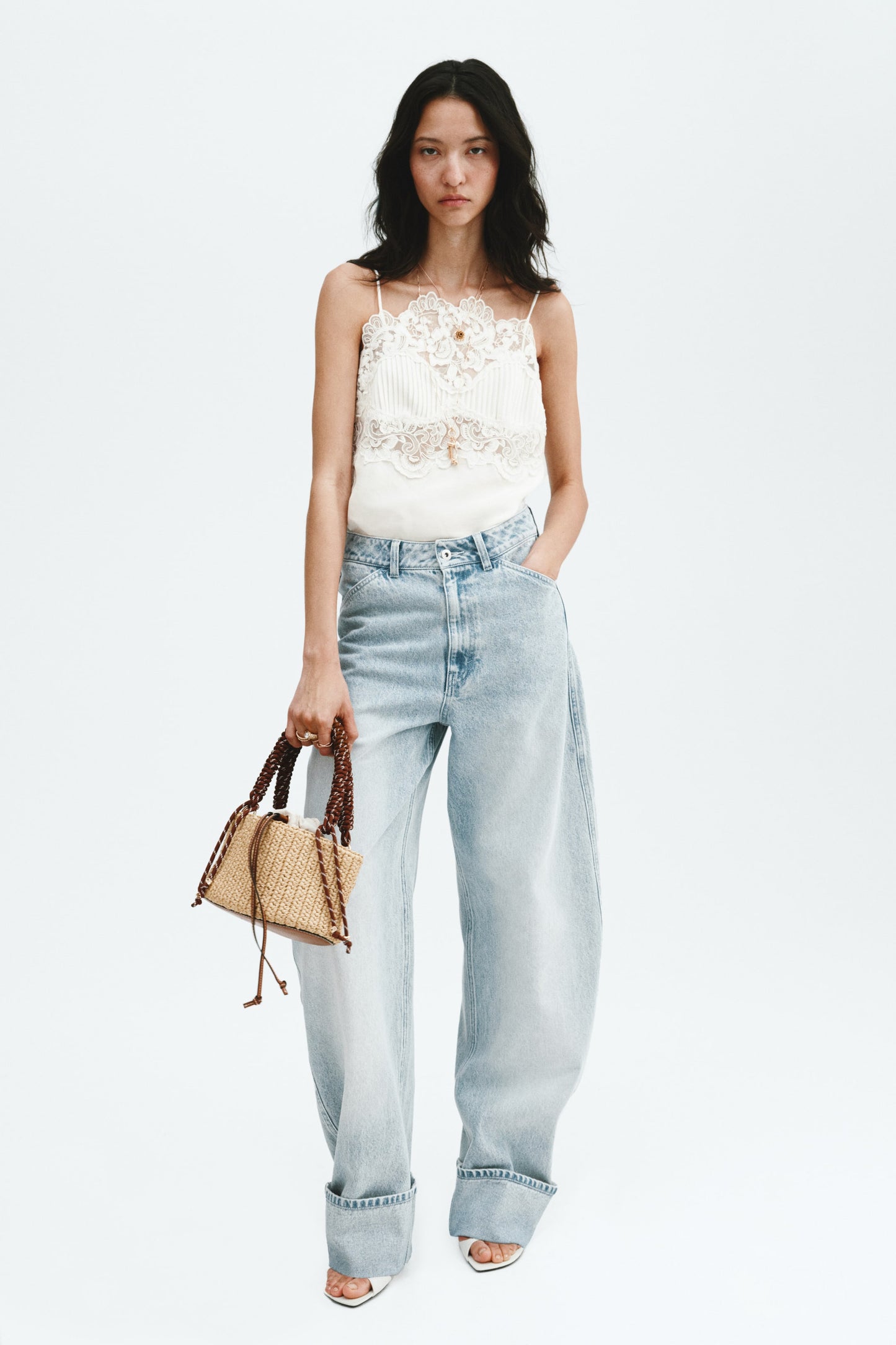 Women's White Linen-blend lace-detail top