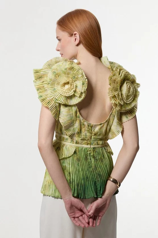 Crinkle Pleat Border Print Blouse With Rosette Detail