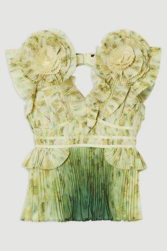 Crinkle Pleat Border Print Blouse With Rosette Detail