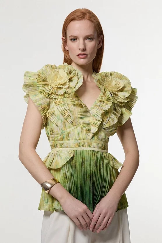 Crinkle Pleat Border Print Blouse With Rosette Detail