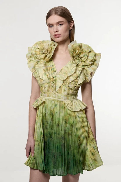 Crinkle Pleat Border Print Mini Dress With Rosette Detail