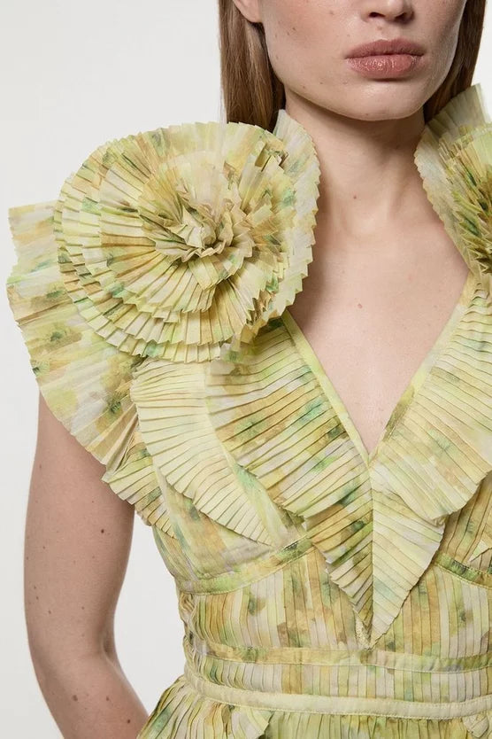 Crinkle Pleat Border Print Mini Dress With Rosette Detail