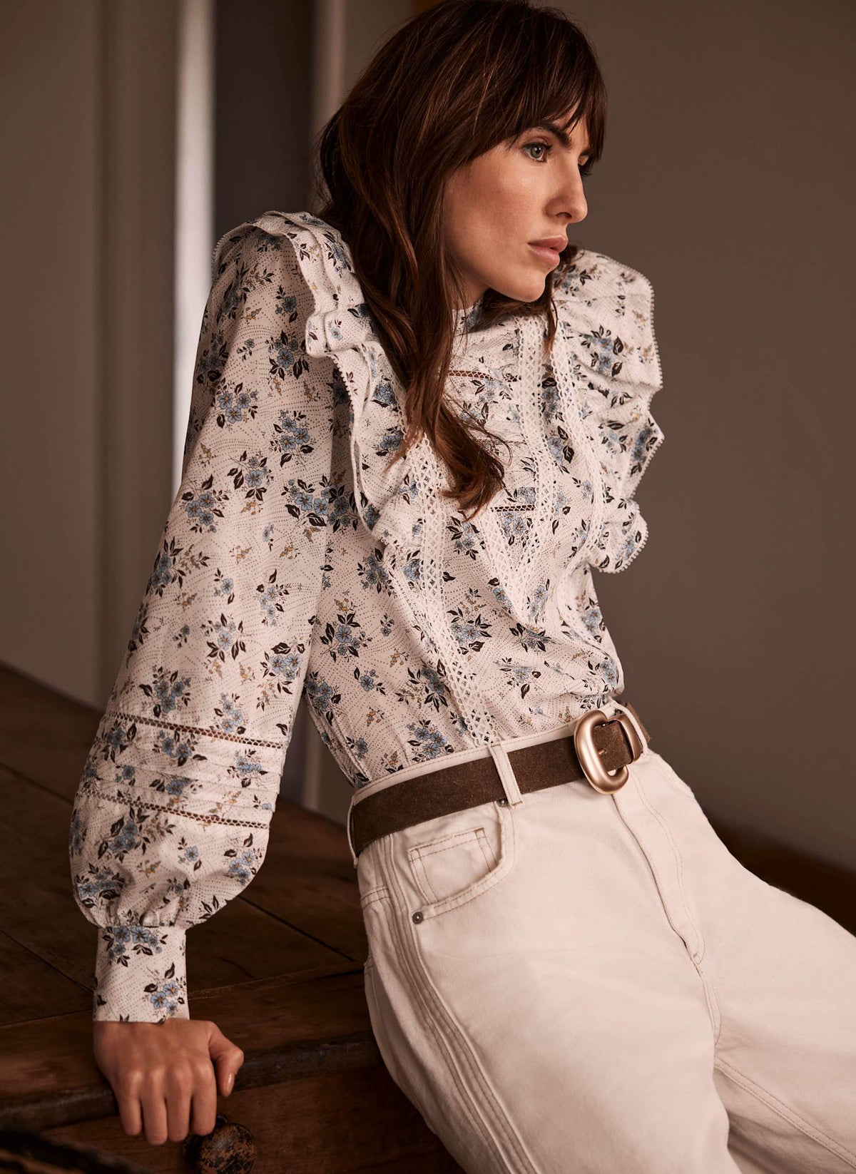 White Floral Print Cotton Blouse