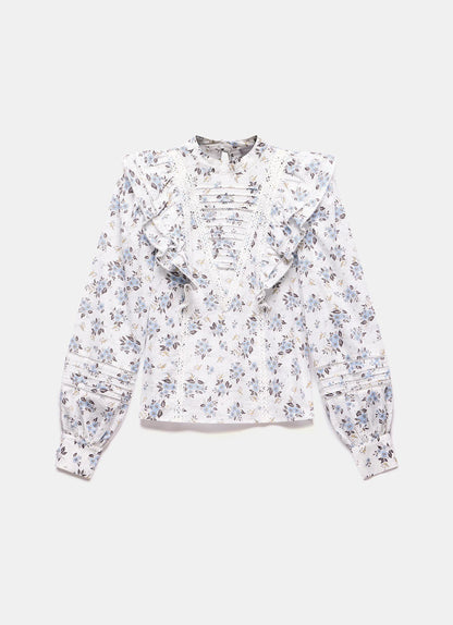 White Floral Print Cotton Blouse