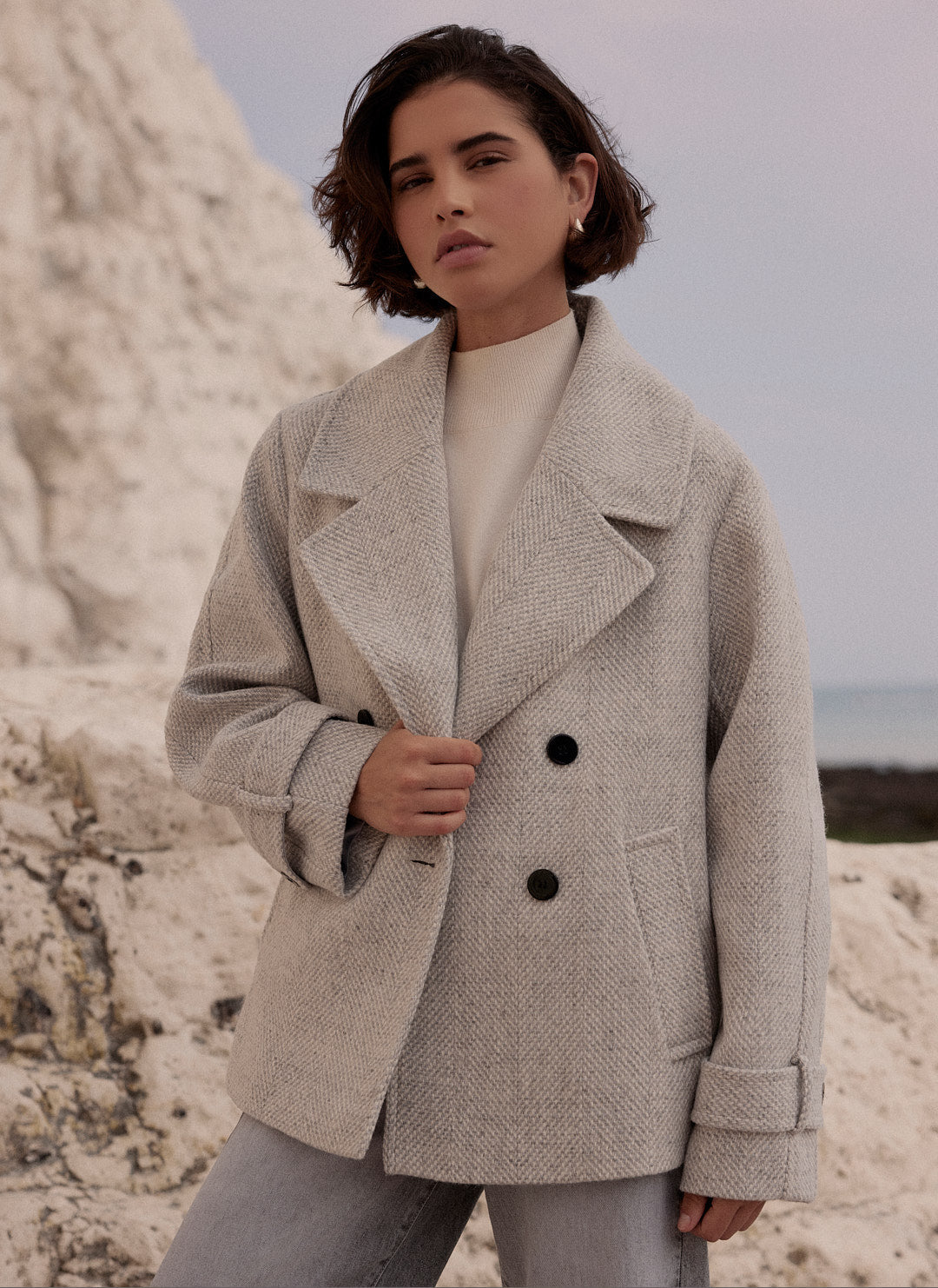 Grey Double Breasted Textured Jacket