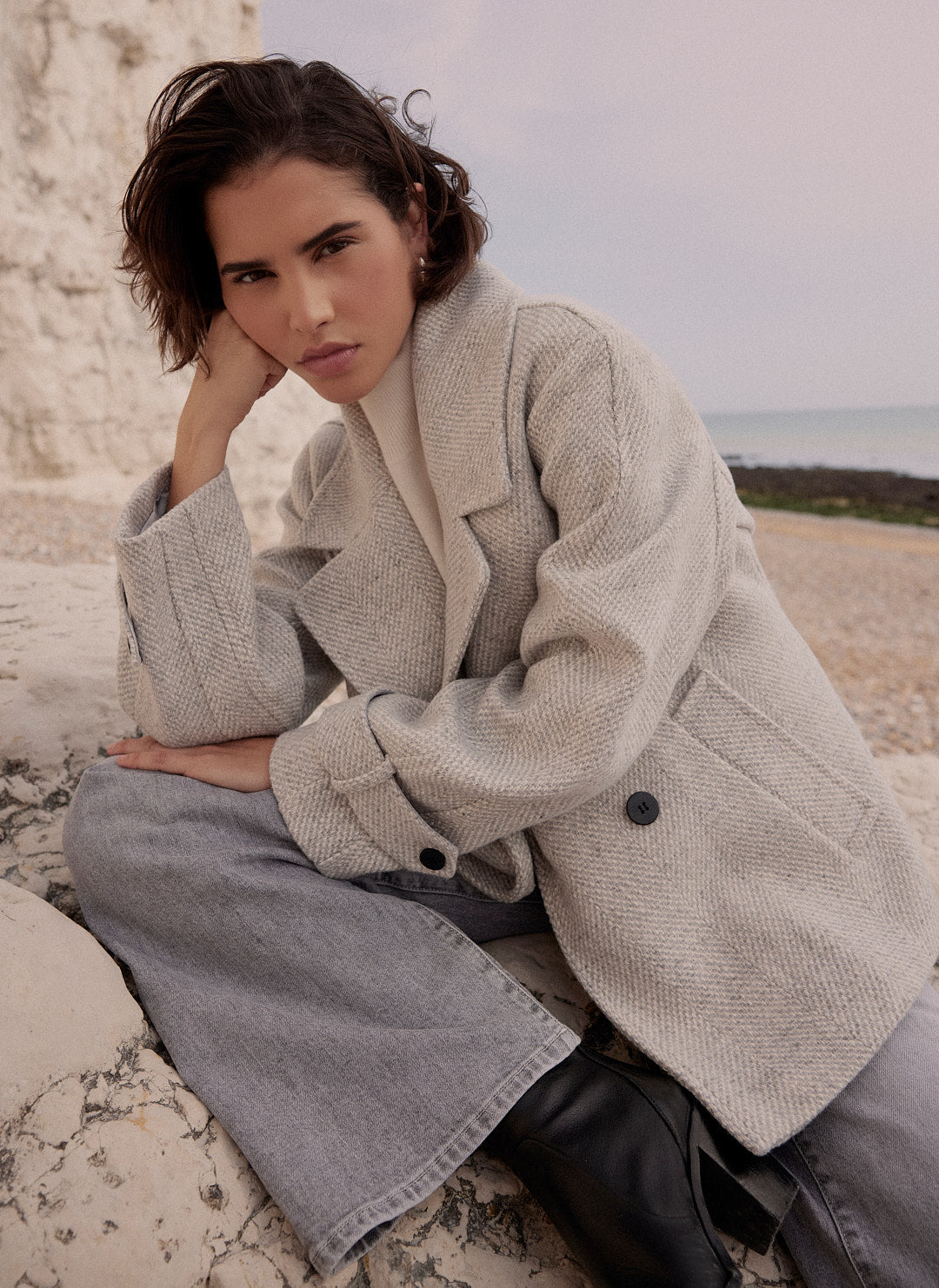 Grey Double Breasted Textured Jacket