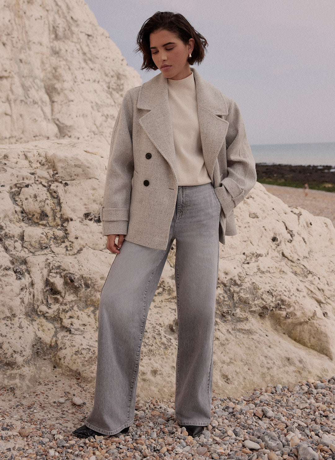 Grey Double Breasted Textured Jacket