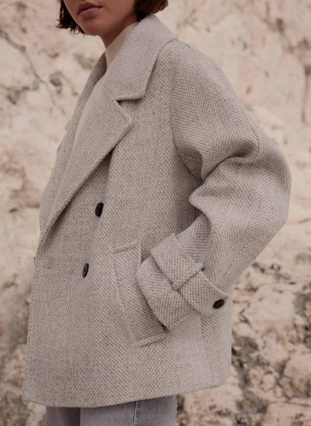Grey Double Breasted Textured Jacket