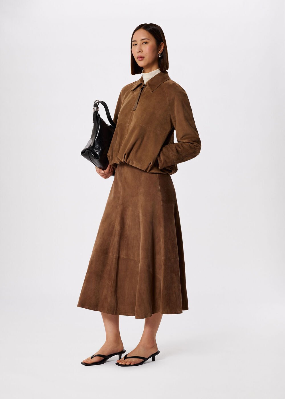 Taupe Gathered Suede Zip Jacket