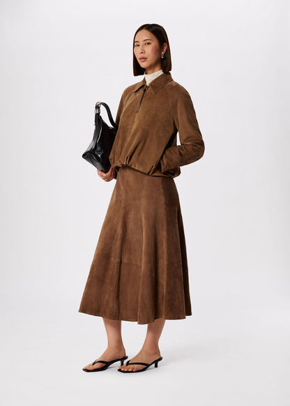 Taupe Gathered Suede Zip Jacket