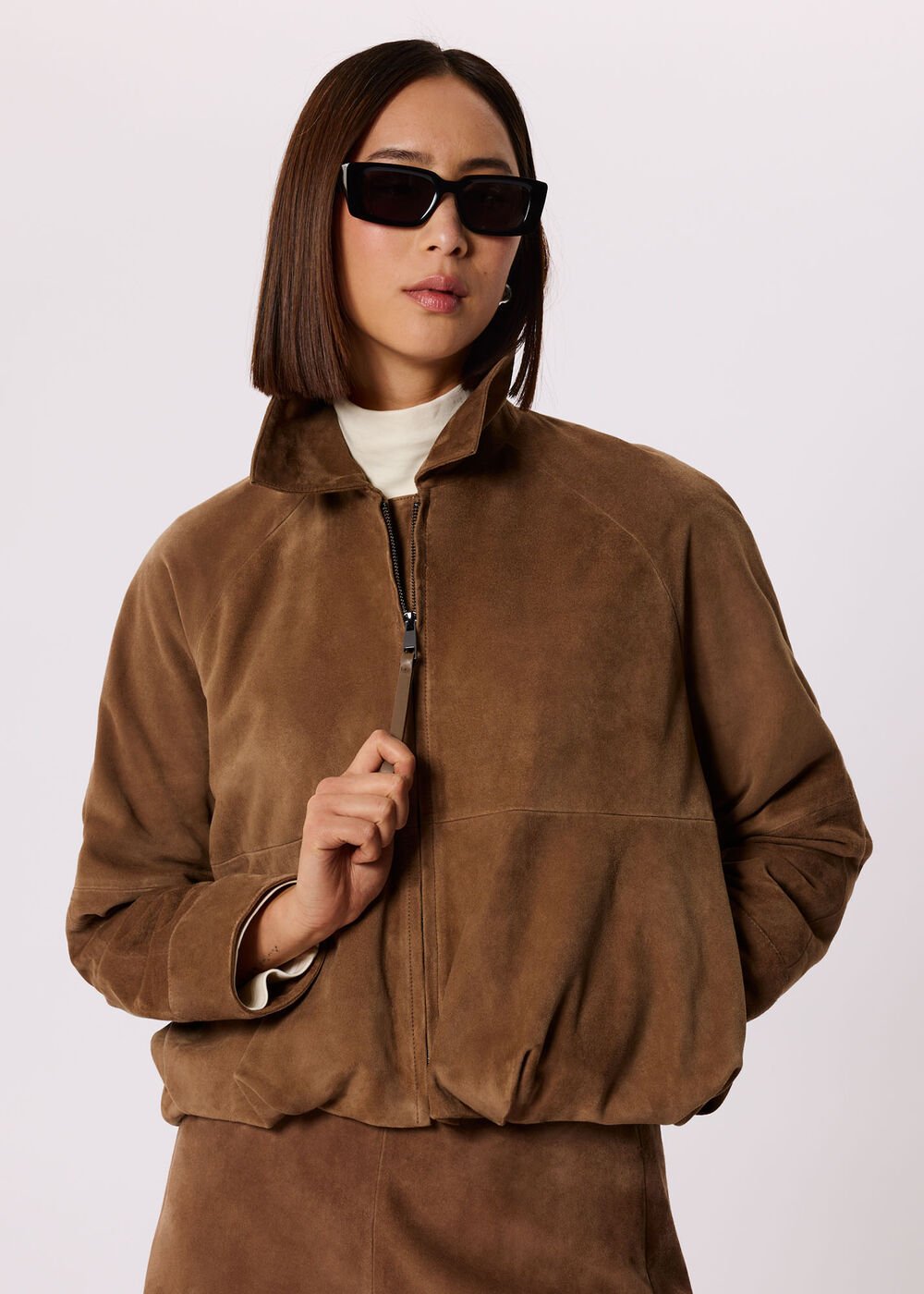 Taupe Gathered Suede Zip Jacket