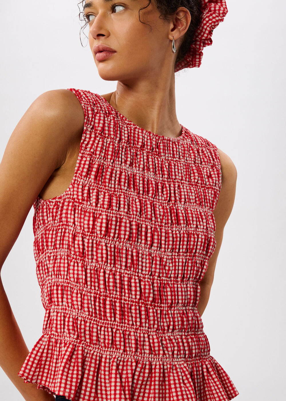 Red/White Gingham Shirred Top
