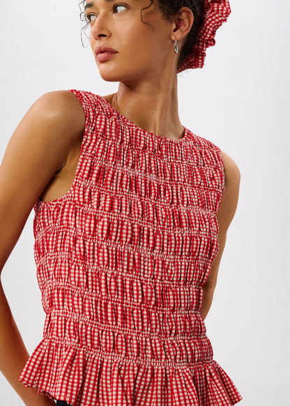 Red/White Gingham Shirred Top