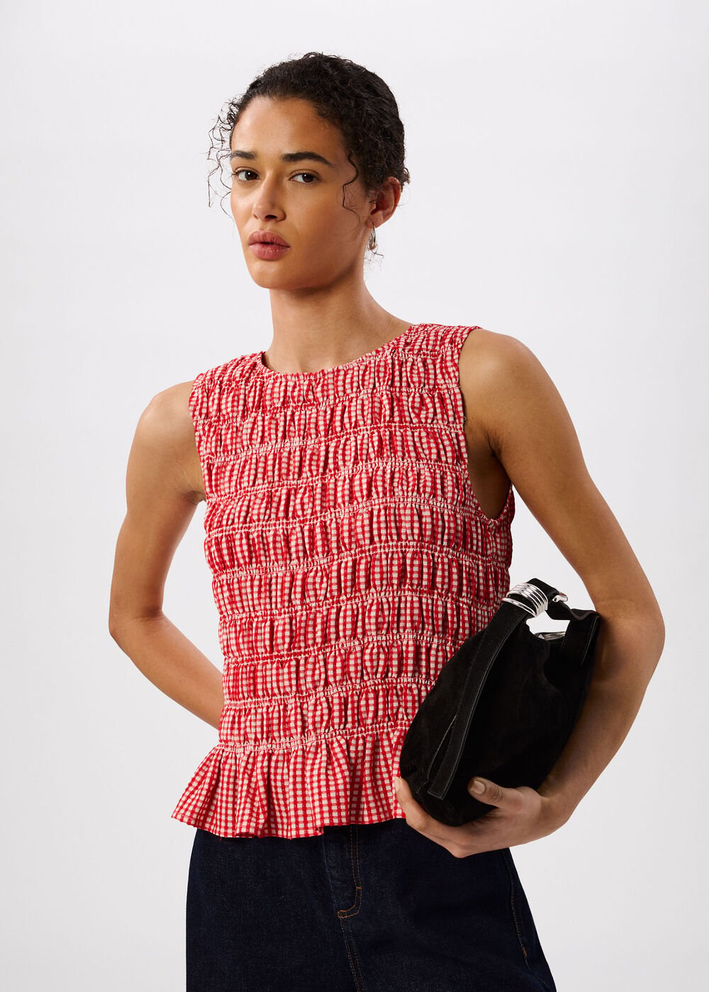 Red/White Gingham Shirred Top
