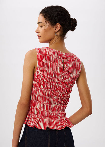 Red/White Gingham Shirred Top